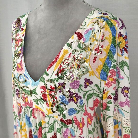 Miss June Dress Womens Medium Ivory Floral Sequins Short Babydoll Swim Cover Up - Picture 8 of 15